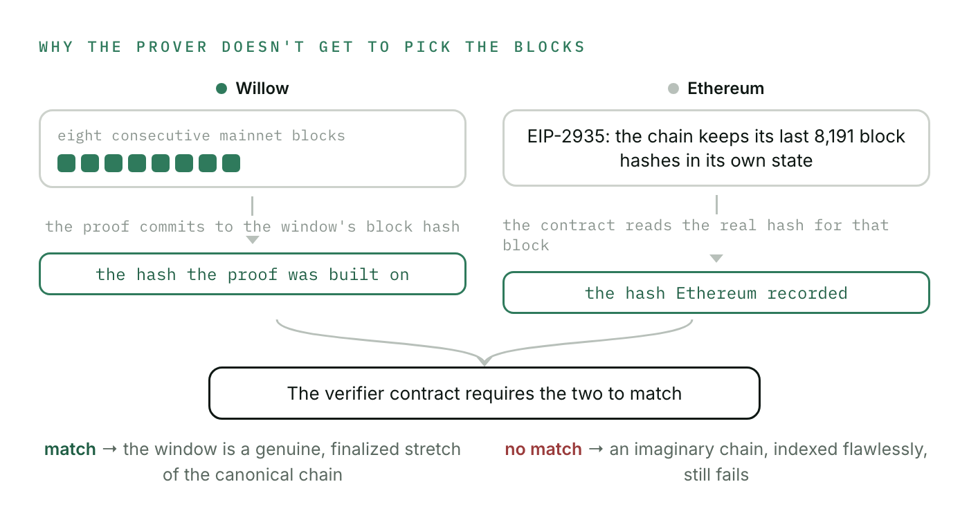 Why the prover doesn't get to pick the blocks: the proof commits to the window's block hash, the contract reads the real hash from Ethereum's EIP-2935 history, and the verifier requires the two to match