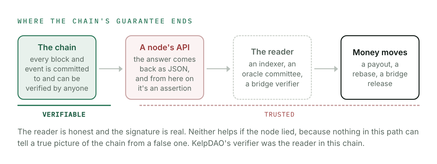Where the chain's guarantee ends: the chain itself is verifiable, but from a node's API onward the answer is an assertion, and the reader (an indexer, an oracle committee, a bridge verifier) passes it along to where money moves. Nothing in that path can tell a true picture of the chain from a false one